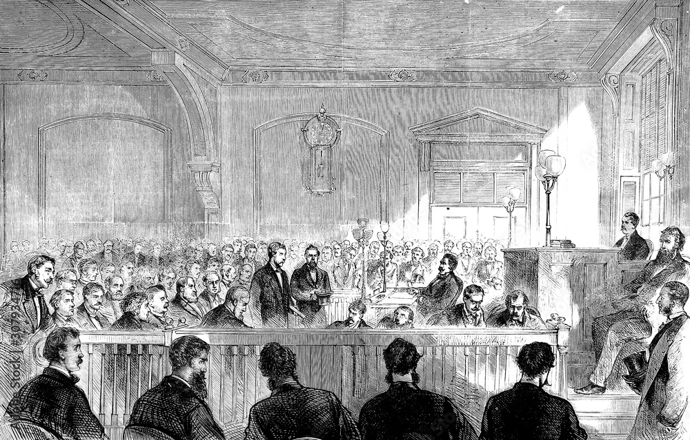 Historical drawing the arraignment of Boss Tweed in courtroom. Line art ...