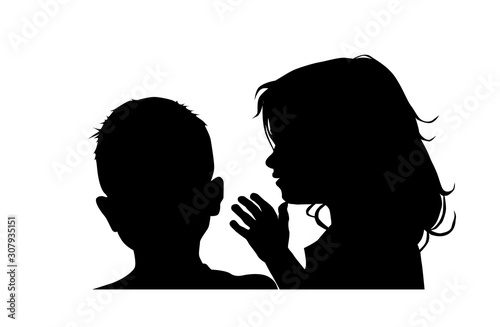 Brother and sister silhouette. Secret. Whisper quietly in your ear. Vector illustration