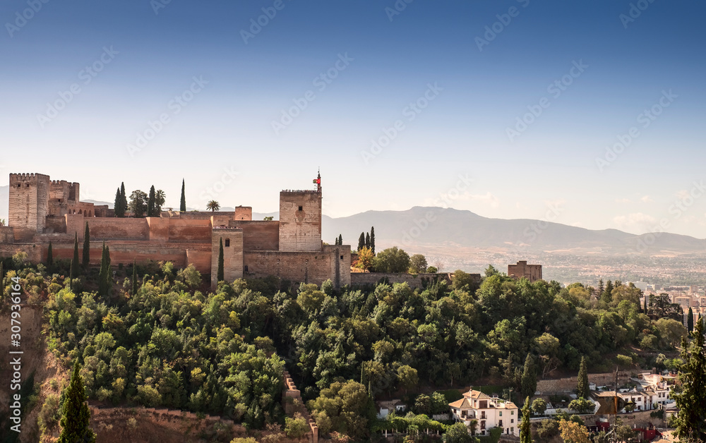 Ancient arabic fortress of Alhambra with Comares Tower, Palacios Nazaries and Palace of Charles, Granada, Spain