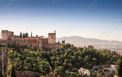 Ancient arabic fortress of Alhambra with Comares Tower  Palacios Nazaries and Palace of Charles  Granada  Spain
