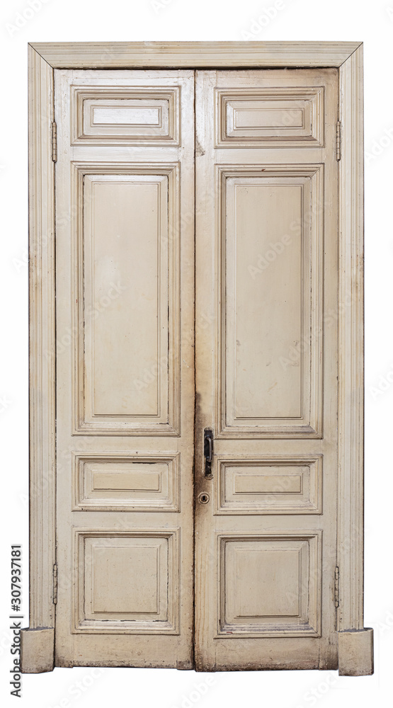 The old door, paneled with casing and heels on a white background, 