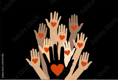 Hands with hearts. Raised hands volunteering vector concept