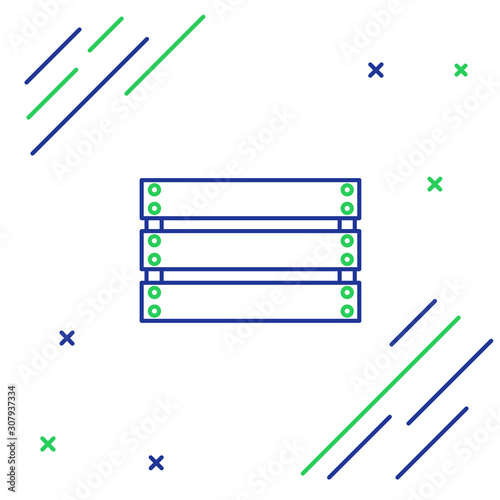 Blue and green line Wooden box icon isolated on white background. Grocery basket, storehouse crate. Empty wooden container for vegetables, products. Colorful outline concept. Vector Illustration
