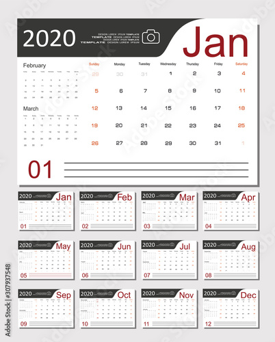 2020 Calendar Planner Design. Monthly scheduler. Week starts on Sunday. Set of 12 months. Vector illustrator.