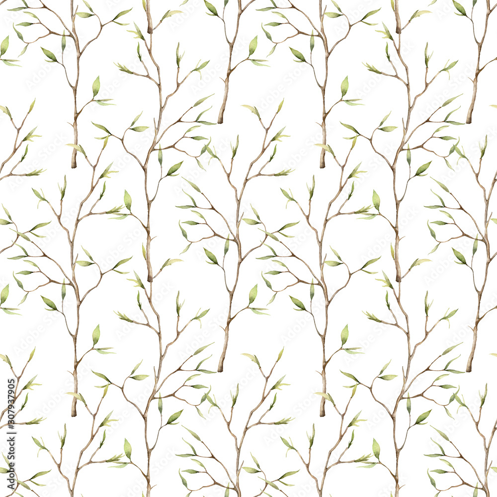 Naklejka premium Watercolor spring seamless pattern with branches for easter. Hand painted tree branches and buds isolated on white background. Floral illustration for design, print, fabric or background.