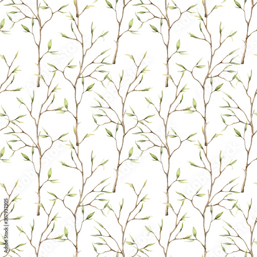 Fototapeta Naklejka Na Ścianę i Meble -  Watercolor spring seamless pattern with branches for easter. Hand painted tree branches and buds isolated on white background. Floral illustration for design, print, fabric or background.