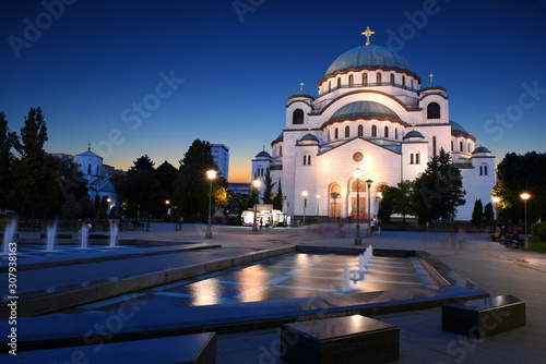 Church of Saint Sava, one of the biggest Orthodox church of the world, at evening illumination, Belgrade, Serbia