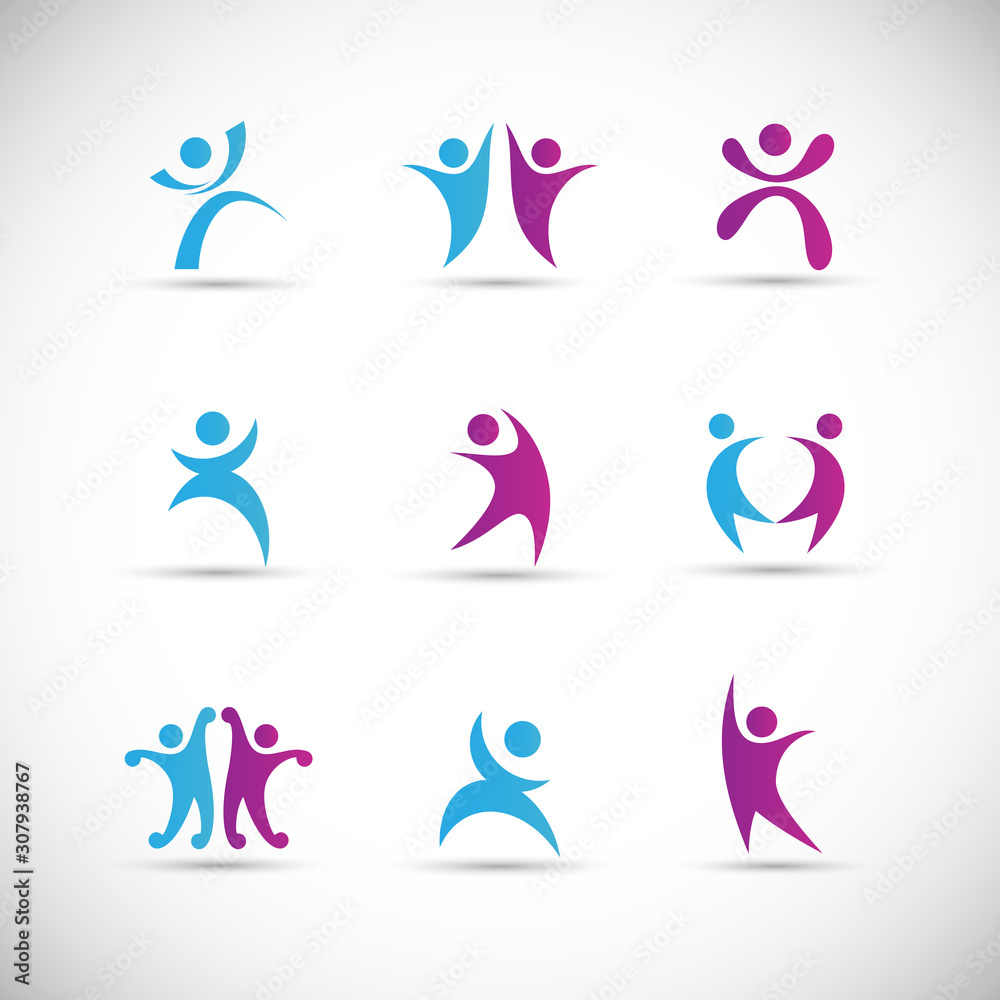Abstract People Logo Set. Human Figure Isolated On Gray Background. Icons Collection For Human Success, Celebration Logo, Achievement Symbol And Activity. Different Happy People. Figure Logo, Vector Abstract People Logo Set. Human Figure Isolated On Gray Background. Icons Collection For Human Success, Celebration Logo, Achievement Symbol And Activity. Different Happy People. Figure Logo, Vector