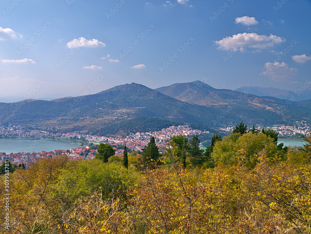 Lake Orestiada  and Kastoria city, Greece, view from above.