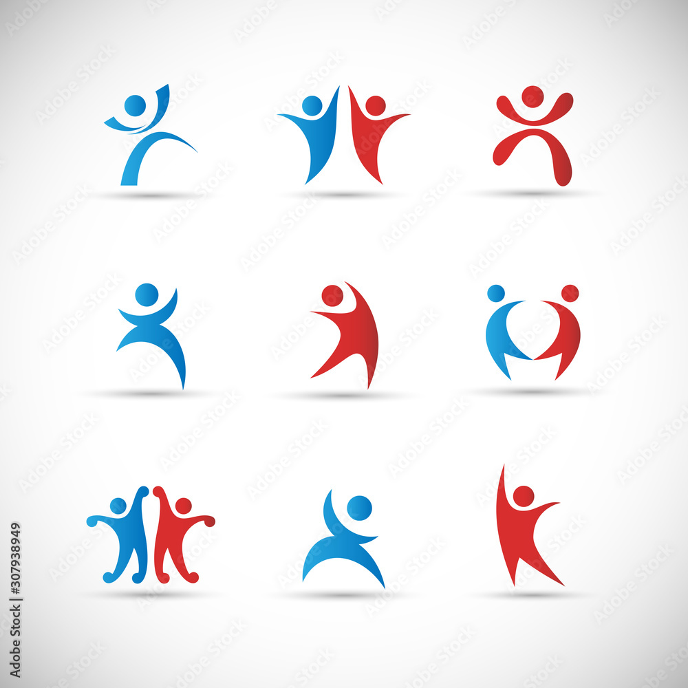 Abstract People Logo Set. Human Figure Isolated On Gray Background. Icons Collection For Human Success, Celebration Logo, Achievement Symbol And Activity. Different Happy People. Figure Logo, Vector Abstract People Logo Set. Human Figure Isolated On Gray Background. Icons Collection For Human Success, Celebration Logo, Achievement Symbol And Activity. Different Happy People. Figure Logo, Vector