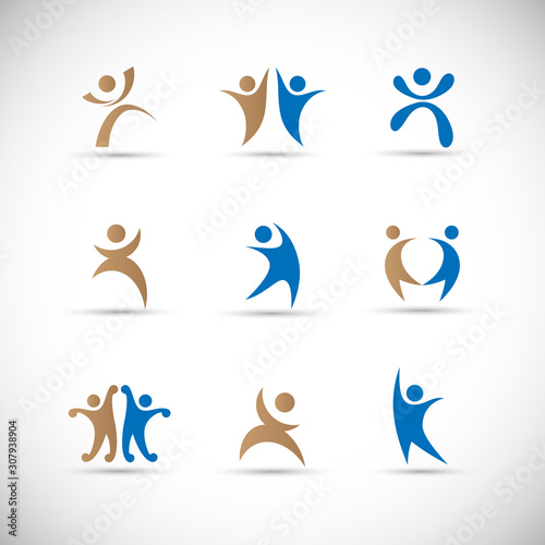 Abstract People Logo Set. Human Figure Isolated On Gray Background. Icons Collection For Human Success, Celebration Logo, Achievement Symbol And Activity. Different Happy People. Figure Logo, Vector