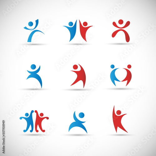 Abstract People Logo Set. Human Figure Isolated On Gray Background. Icons Collection For Human Success, Celebration Logo, Achievement Symbol And Activity. Different Happy People. Figure Logo, Vector