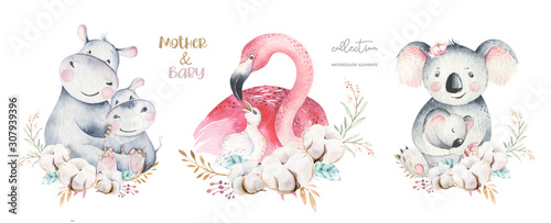 Fotografia Watercolor cute cartoon illustration with cute mommy flamingo and baby, flower leaves