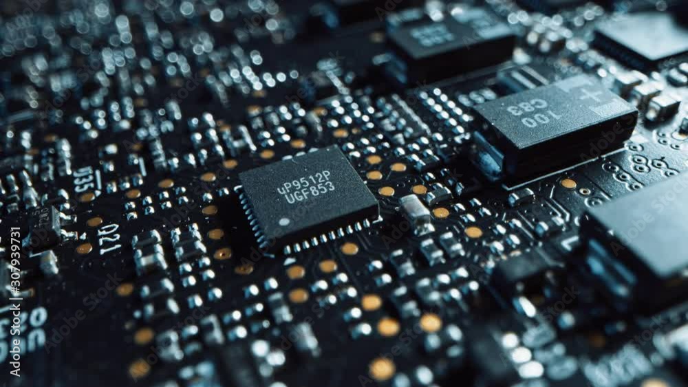 Fixed Macro Camera: Focusing and Unfocusing on a Microchip, CPU Processor. Printed Circuit Board / Computer Motherboard with Components: Inside of Electronic Device, Parts of Supercomputer. Loopable Fixed Macro Camera: Focusing and Unfocusing on a Microchip, CPU Processor. Printed Circuit Board / Computer Motherboard with Components: Inside of Electronic Device, Parts of Supercomputer. Loopable