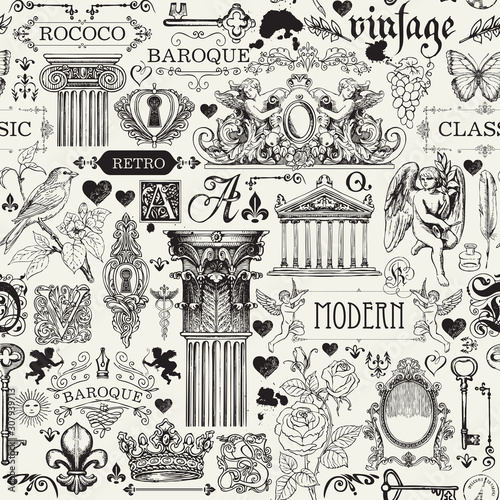 Vector seamless pattern on the theme of vintage art objects, furniture and Antiques in retro style. Abstract background with drawings and sketches. Suitable for wallpaper, wrapping paper, fabric