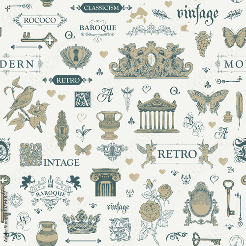 Vector seamless pattern on the theme of Antiques and vintage art objects in retro style. Abstract background with hand-drawn sketches. Suitable for wallpaper, wrapping paper, fabric in retro style