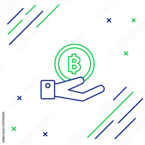 Blue and green line Hand holding Bitcoin icon on white background. Blockchain technology, digital money market, cryptocoin wallet. Colorful outline concept. Vector Illustration