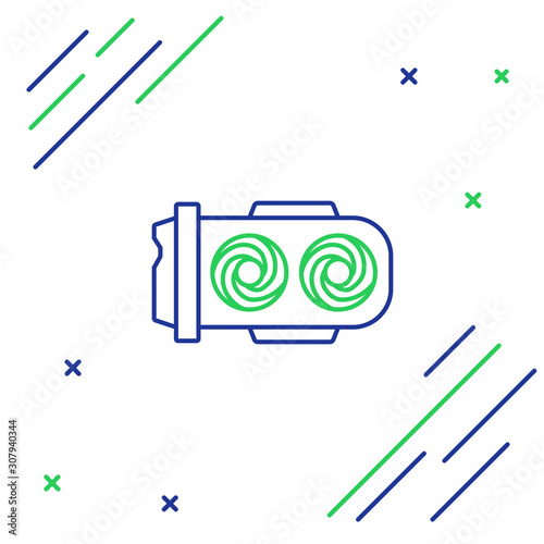 Blue and green line Mining farm icon on white background. Cryptocurrency mining, blockchain technology, digital money market, cryptocoin wallet. Colorful outline concept. Vector Illustration