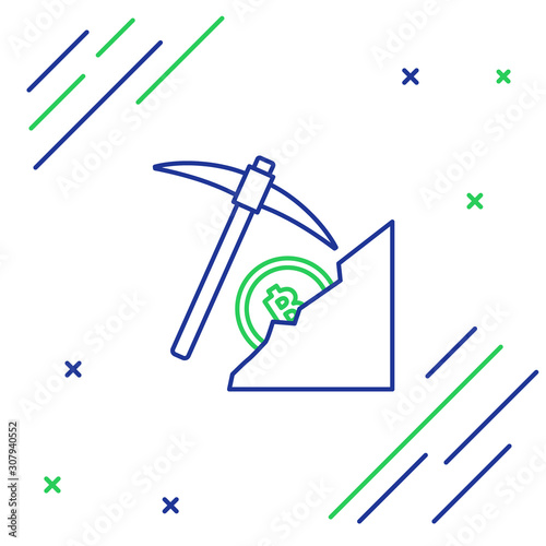 Blue and green line Cryptocurrency cloud mining icon on white background. Cloud with pickaxe, bitcoin, digital money market, cryptocoin wallet. Colorful outline concept. Vector Illustration