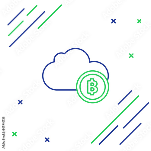 Blue and green line Cryptocurrency cloud mining icon on white background. Blockchain technology, bitcoin, digital money market, cryptocoin wallet. Colorful outline concept. Vector Illustration