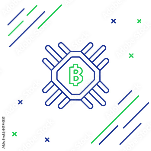Blue and green line CPU mining farm icon on white background. Bitcoin sign inside processor. Cryptocurrency mining community. Digital money. Colorful outline concept. Vector Illustration