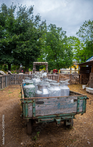 Old farm cans of milk photo