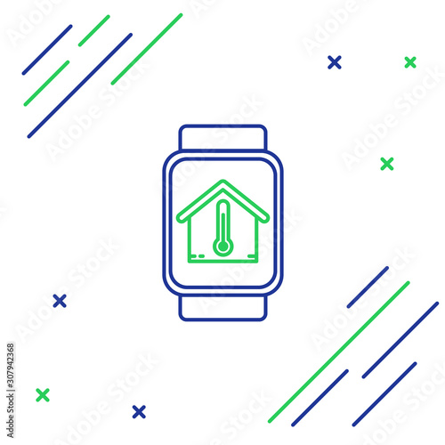 Blue and green line Smart watch with house temperature icon isolated on white background. Thermometer icon. Colorful outline concept. Vector Illustration