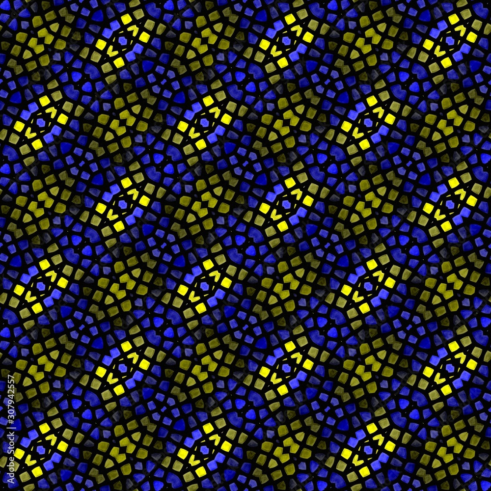 Obraz premium Dark yellow blue zig zag ornate stony mosaic ornate seamless pattern