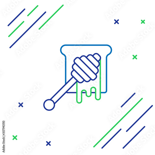 Blue and green line Honey dipper stick with dripping honey icon isolated on white background. Honey ladle. Colorful outline concept. Vector Illustration