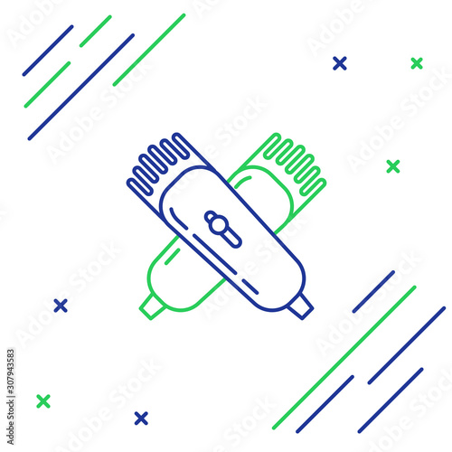 Blue and green line Crossed electrical hair clipper or shaver icon isolated on white background. Barbershop symbol. Colorful outline concept. Vector Illustration