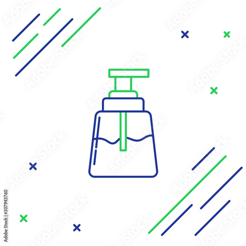 Blue and green line Aftershave icon isolated on white background. Cologne spray icon. Male perfume bottle. Colorful outline concept. Vector Illustration