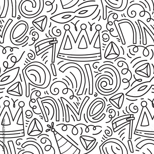 Purim seamless pattern with carnival mask, hats, crown, noise make, hamantaschen and Hebrew text Happy Purim. Black and white vector illustration in hand drawn doodles stiyle.
