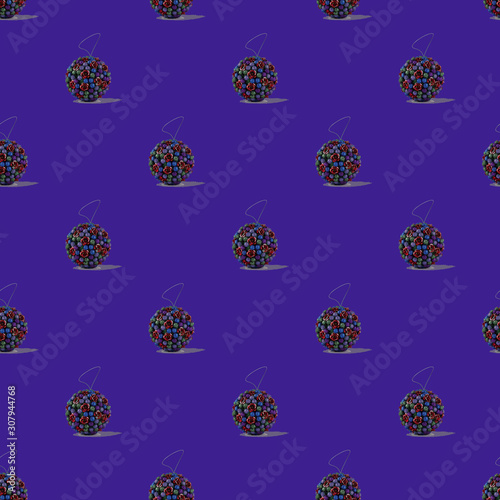 Seamless pattern, on a blue - lilac background bright Christmas toy-ball. Contrast, isometric style, square shape, trend.