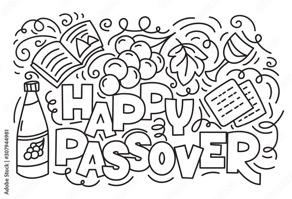 Passover greeting card (Jewish holiday Pesach). Hebrew text: happy Passover. Black and white vector illustration doodle style. Isolated on white background. Coloring book page