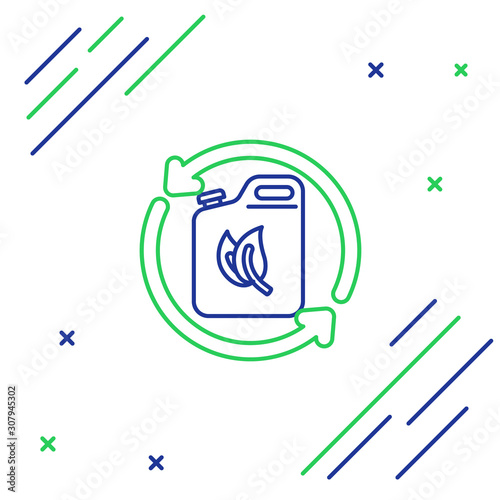 Blue and green line Bio fuel canister icon isolated on white background. Eco bio and barrel. Green environment and recycle. Colorful outline concept. Vector Illustration