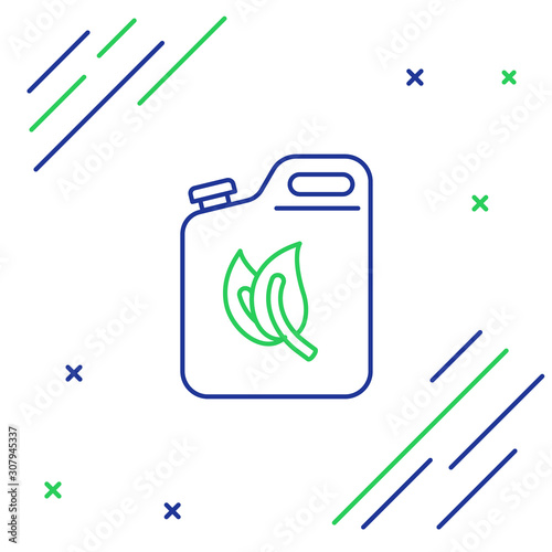 Blue and green line Bio fuel canister icon isolated on white background. Eco bio and barrel. Green environment and recycle. Colorful outline concept. Vector Illustration