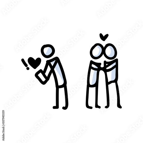  Hand Drawn Romantic Stick Figure Couple. Concept of Love Relationship. Simple Icon Motif for Dating App Pictogram. Heart, Romance, Valentines Day, Anniversary Bujo Illustration. Vector EPS 10. 