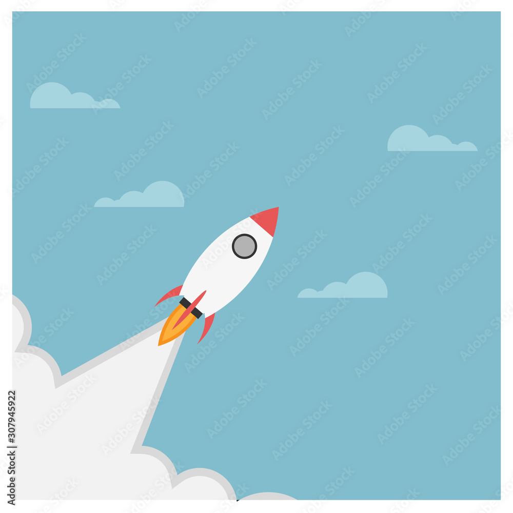 rocket launch, rocket ship soar up into the sky through the clouds and go heading to space. start up business concept - vector illustration rocket launch, rocket ship soar up into the sky through the clouds and go heading to space. start up business concept - vector illustration