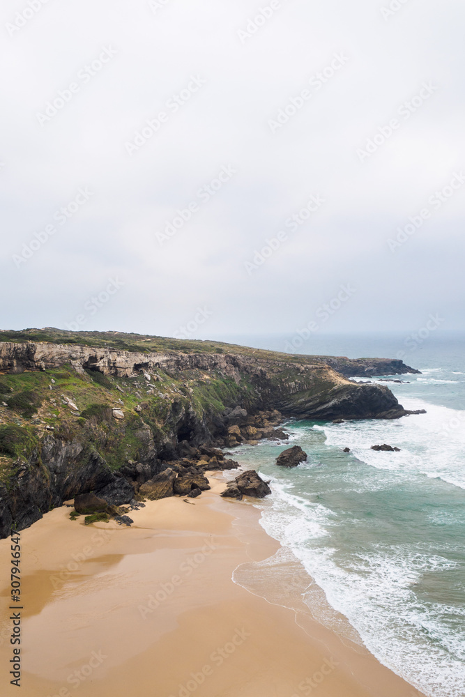 High angle view of the coastline with cliff and beach, Alentejo, Portugal