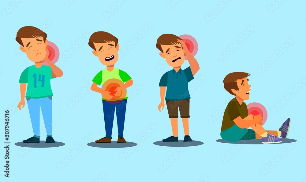 Fototapeta premium Set of character men with pain in different parts of the body. Backache, abdominal pain, headache, migraine. Vector illustration in cartoon style