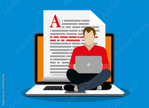 Blogging, Blogger. Freelance. Creative writing. Copy writer. Content management. Flat cartoon miniature illustration vector.