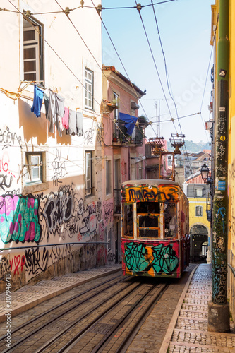 Ascensor da Bica, Tram / Funicular with graffiti in Lisbon, Portugal