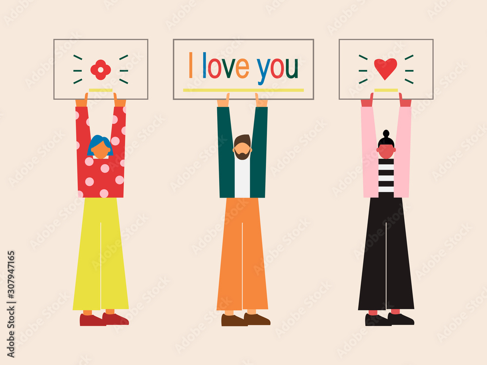 I love you. The inscription is written on banners. People hold big posters. For lovers. Declaration of love. Vector illustration. Flat style I love you. The inscription is written on banners. People hold big posters. For lovers. Declaration of love. Vector illustration. Flat style