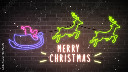 Christmas Santa Claus with deers neon sign. Neon sign, bright signboard, falling snow