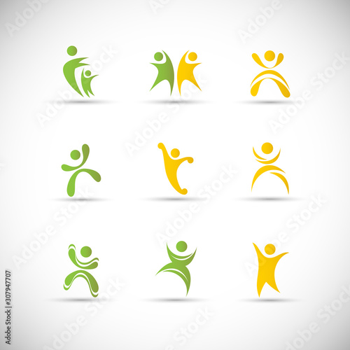 Abstract People Logo Set. Human Figure Isolated On Gray Background. Icons Collection For Human Success  Celebration Logo  Achievement Symbol And Activity. Different Happy People. Figure Logo  Vector