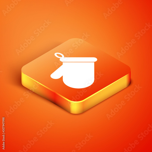 Isometric Oven glove icon isolated on orange background. Kitchen potholder sign. Cooking glove.  Vector Illustration