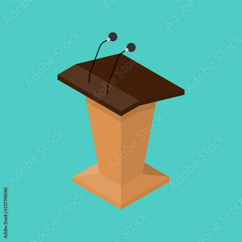 Wooden tribune, stand rostrum with microphones. Isometric illustration. Vector