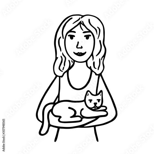 Hand drawn young woman holds a cat in her arms. Image of hugs, caring, friendship and love. Black outline isolated on white background. Vector illustration for posters, cards, decor, for cat lovers.
