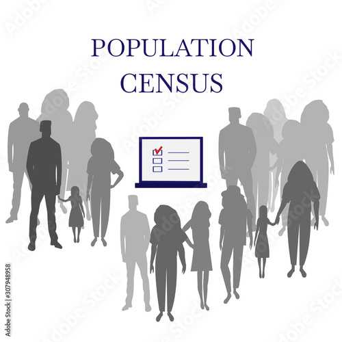 Electronic population census. List in electronic form on a laptop screen  and silhouettes of people of different ages and gender. Isolated on white background. Vector stock illustration