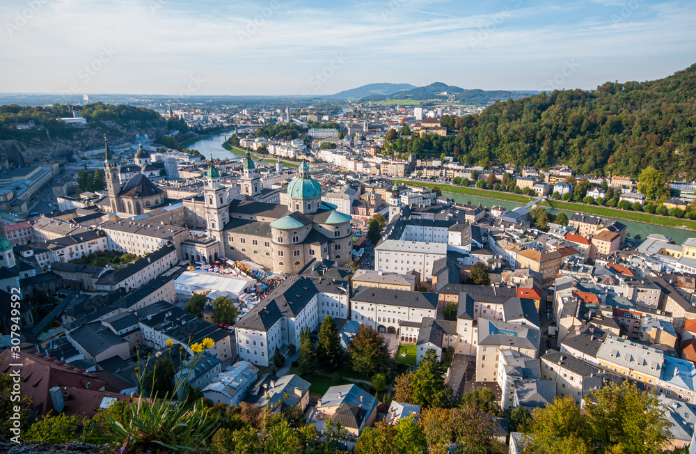 Cityscape picturesque Salzburg holiday tourist resort city in Austria, Europe